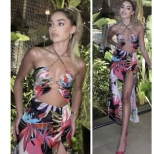 Zara Tropical Midi Dress Cut Out XS